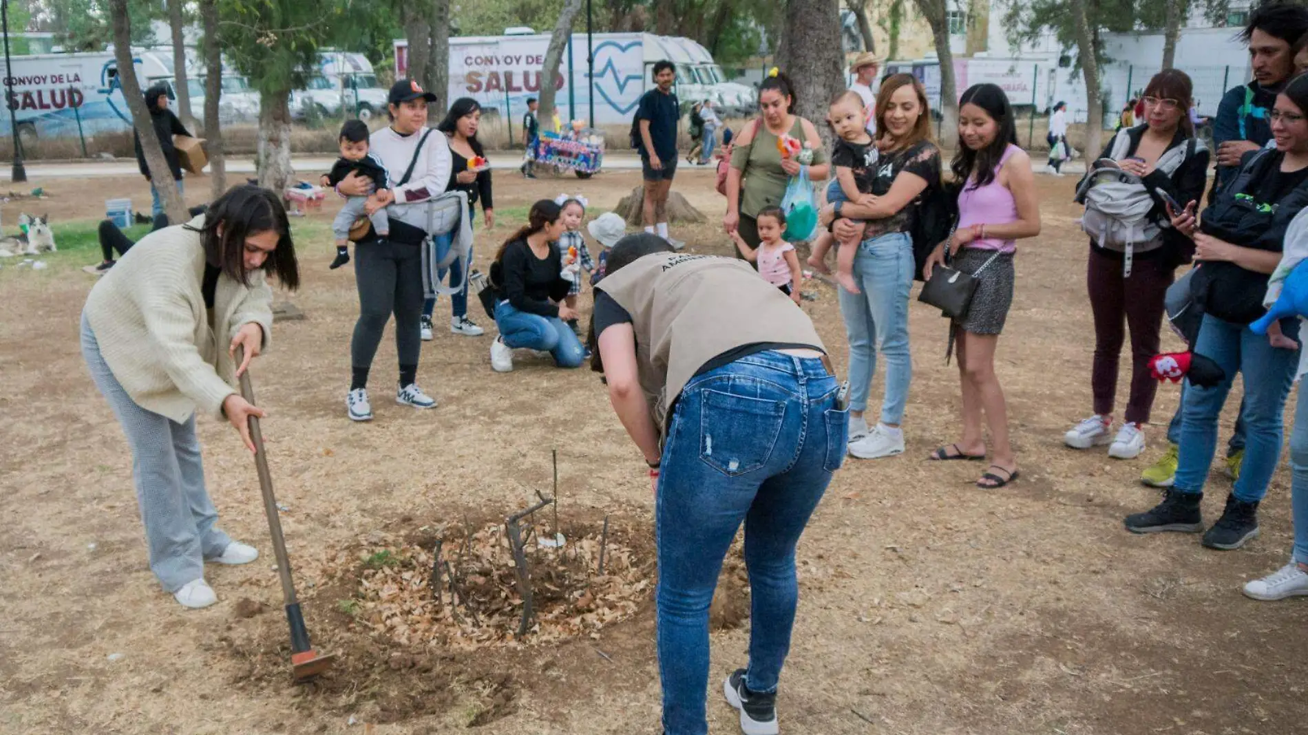 Personas cuidando un árbol del Bosque Cuauhtémoc